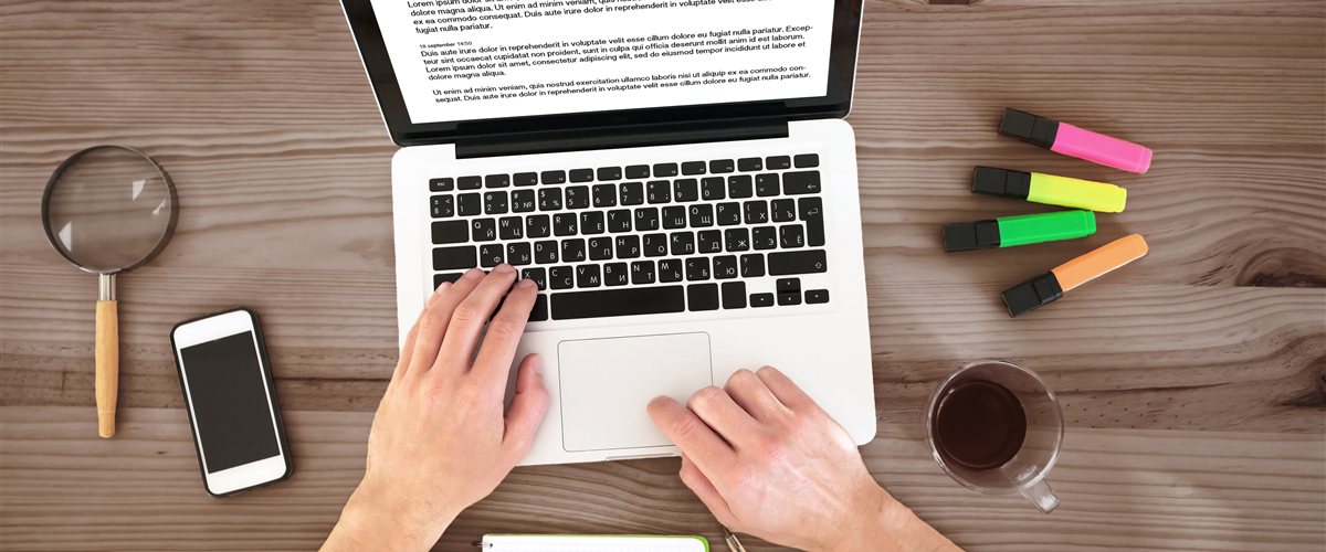 Ratgeber Content im Linkbuilding – Laptop mit Blog-Artikel auf Holzschreibtisch